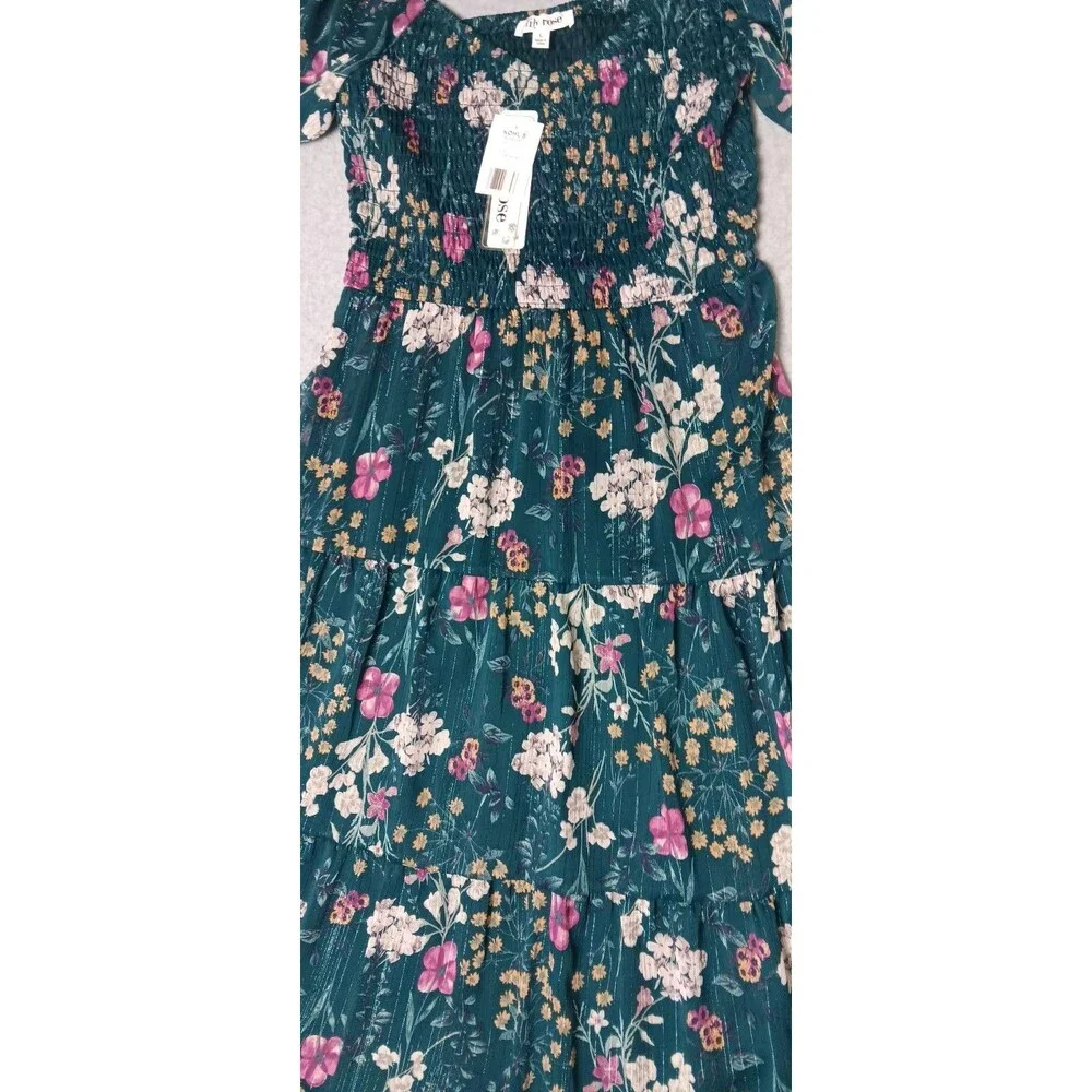 NWT! Lily Rose Smocked Tiered Maxi Dress Juniors Large Jade Blossom Green Puffed